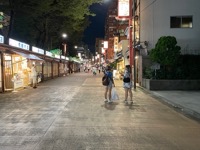 People on a street with lit stores and shop stalls